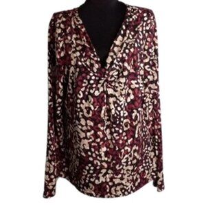 Dana Buchman XL Long Sleeve Popover Top V-Neck Red Tan Black